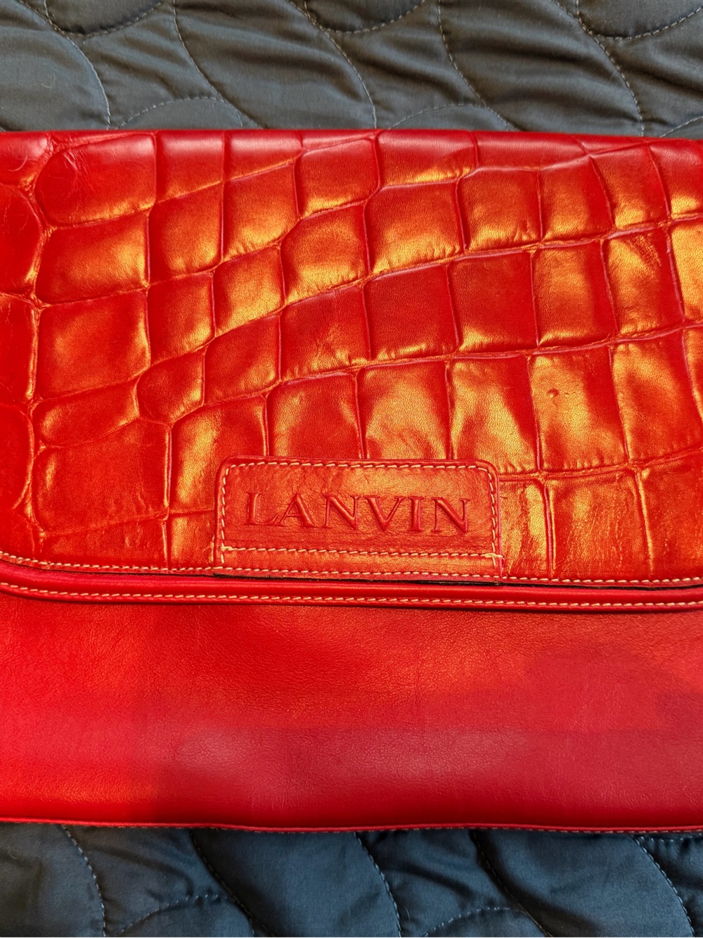 Authentic Lanvin Red Croc-Embossed Leather Clutch